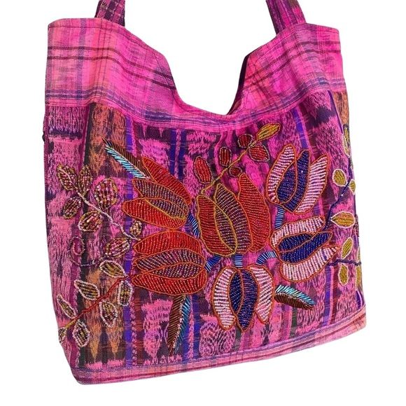 Boho Beaded Zipped Pink Tote Bag – Handmade Floral Embroidery - Picture 3 of 5